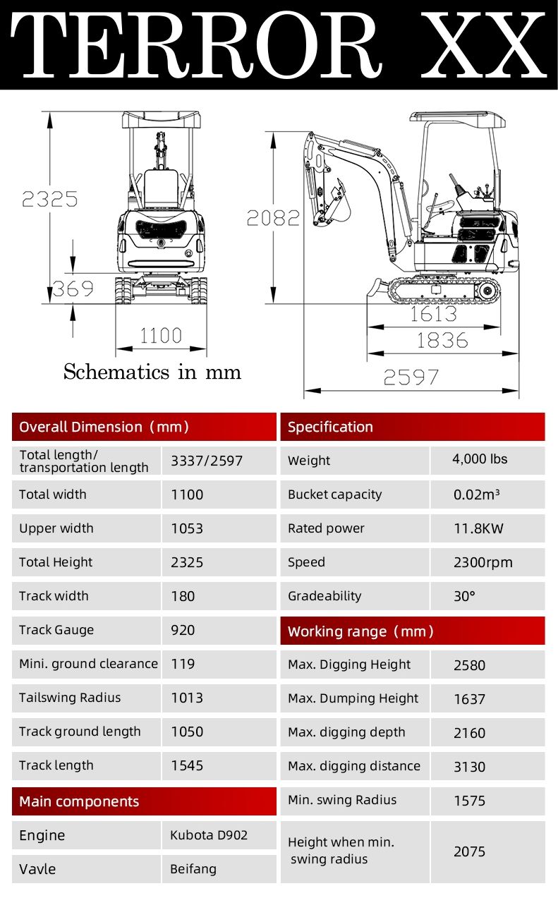 TYPHON TERROR XX Mini Excavator Rubber Track with Kubota D902