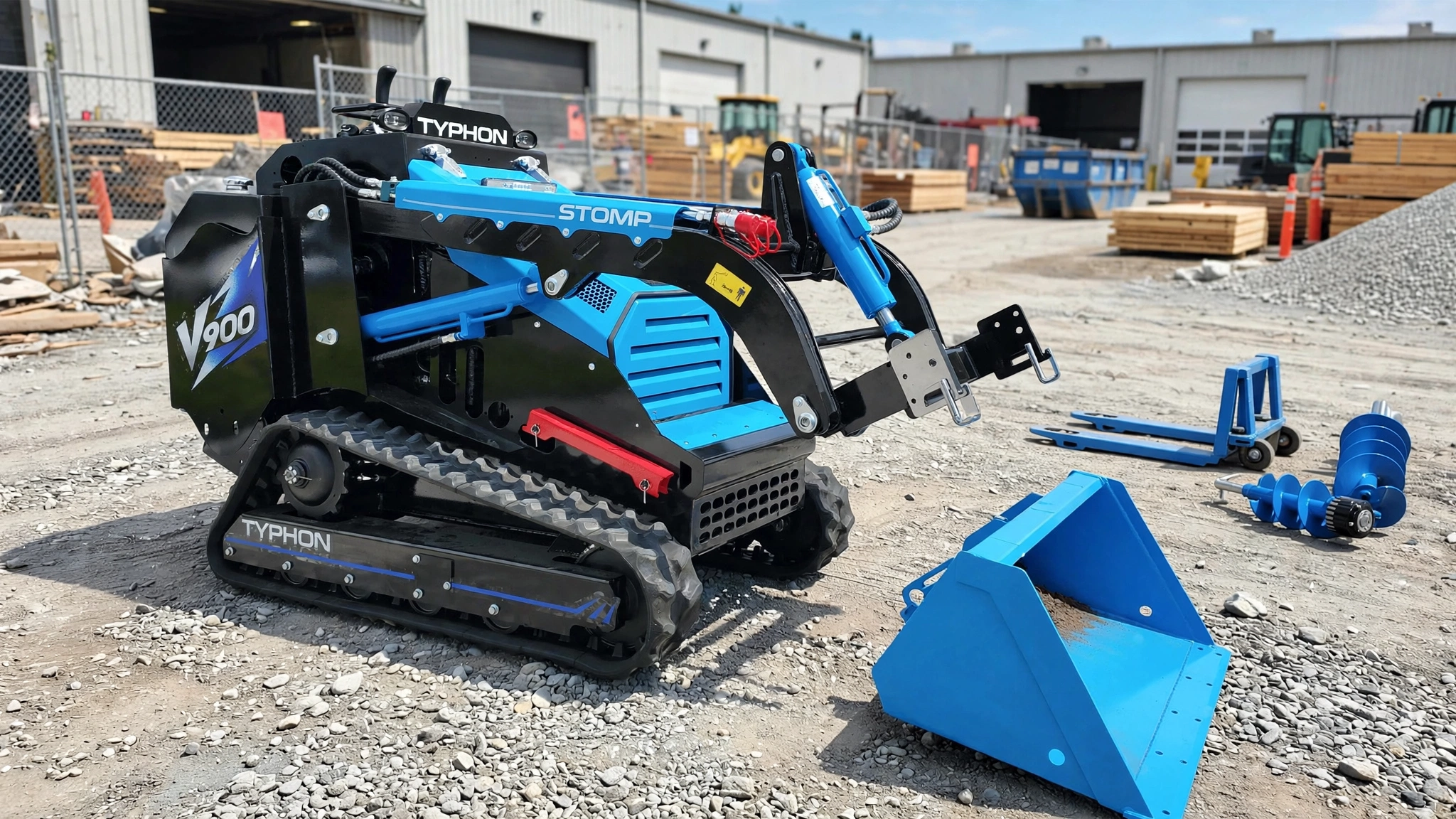 TYPHON STOMP V900 rapidly switching attachments using its universal quick-attach plate.