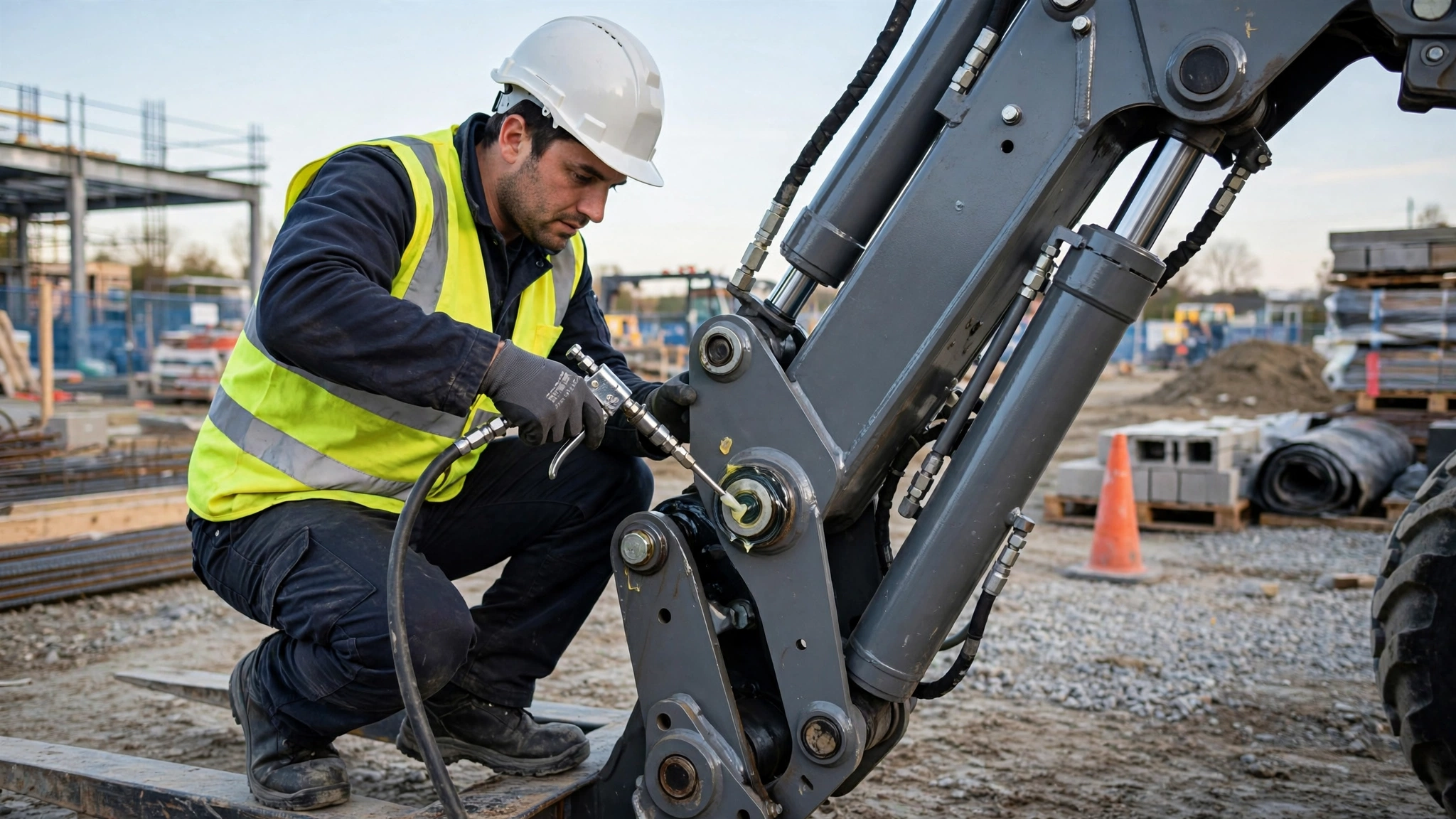 An operator conducting a daily visual inspection and greasing pivot points on a telehandler boom.
