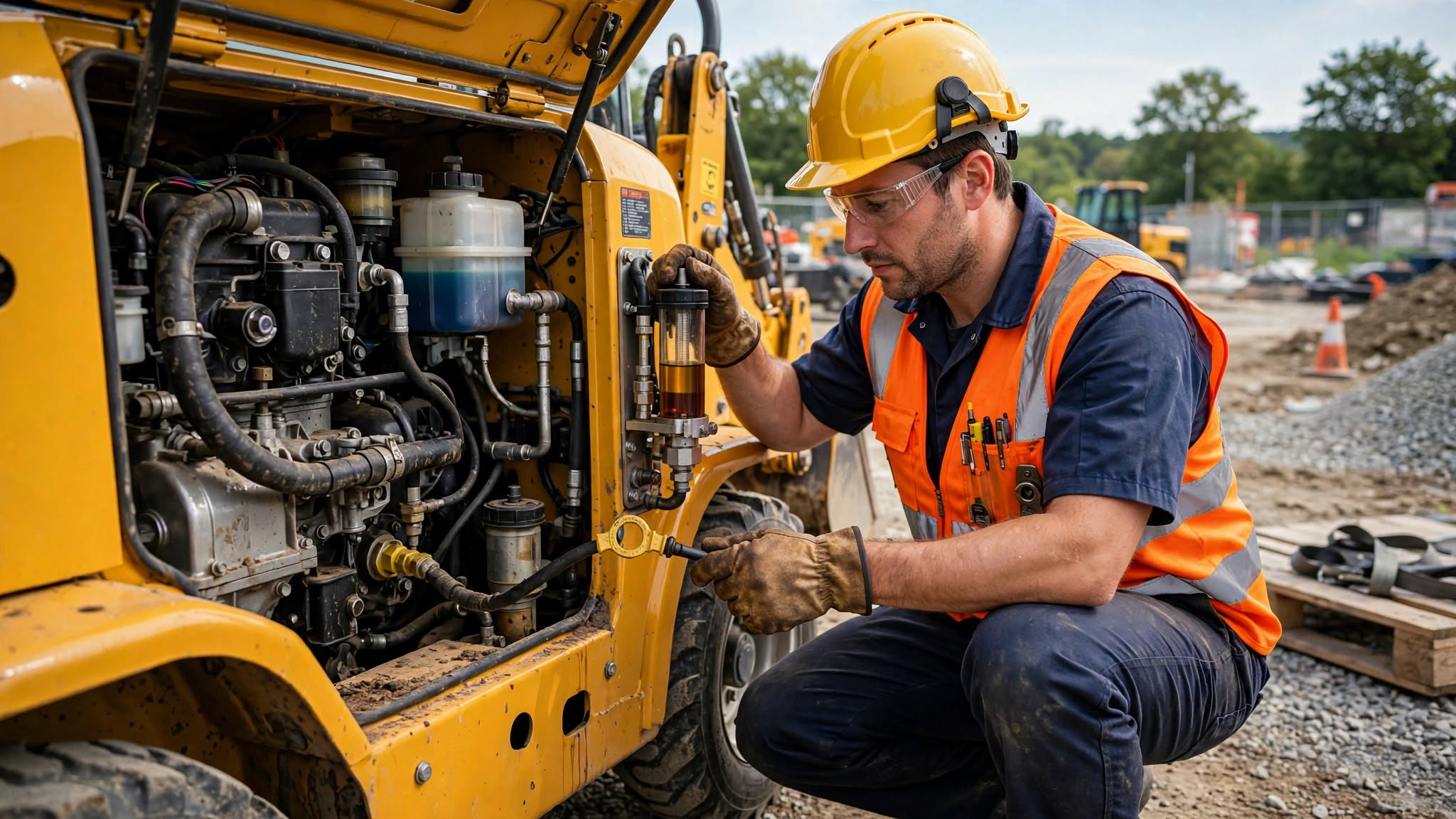 An operator checking the oil dipstick and hydraulic fluid sight glass on a compact wheel loader.
